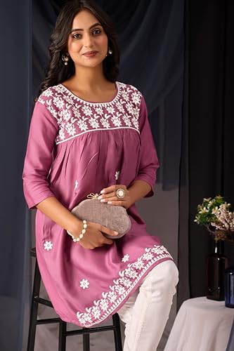 Image of Sidhidata Rayon Floral Embroidered Short Kurti | Short Anarkali Kurti for Girls | Women's Casual Sleeveless Printed Top | Tops for Women (Kurti Myra)