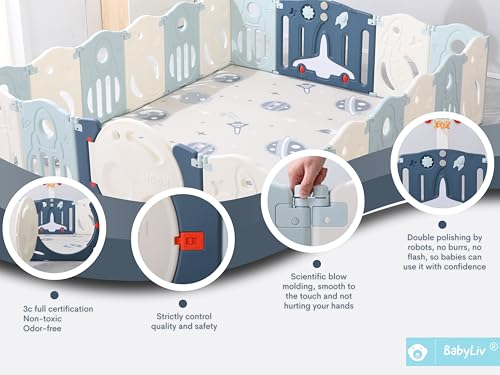 Image of 43 Sq Ft Space-Themed Baby Playpen with Soft Mat & Basketball | 18-Panel Extra Large Toddler Play Yard | Indoor /Outdoor Activity Center with Ball Pit | ISO 9001:2015 & CE | Blue-White