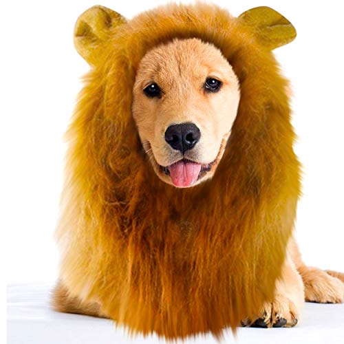 SunGrow Lion Mane Wig with Ears, Photo Prop, Fancy Costume for Large Dogs and Cats, Perfect Lion Hat for Halloween Parties, Realistic, Funny, Cute Headgear, Adorable Gift Option for Pet Lovers, 1-pc