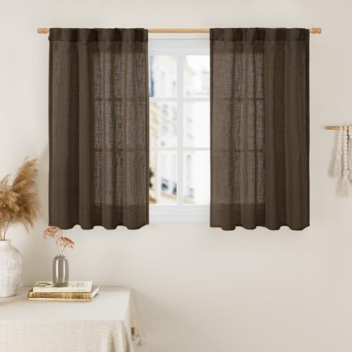 LAMIT 40 Inch Length Linen Curtains for Small Windows, Semi Sheer Light Filtering Panels Back Tab and Rod Pocket Neutral Drapes for Basement/Window/Loft Room, Dark Brown, 2 Panels, 34 x 40 Inch