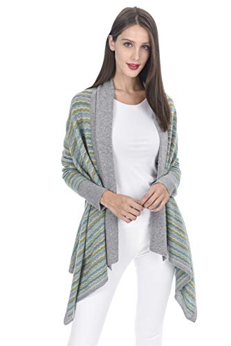 State Cashmere Women's Open Front Draped Hem Cardigan 100% Pure Cashmere Striped Sweater Top Coat Wrap (Large, Aqua)