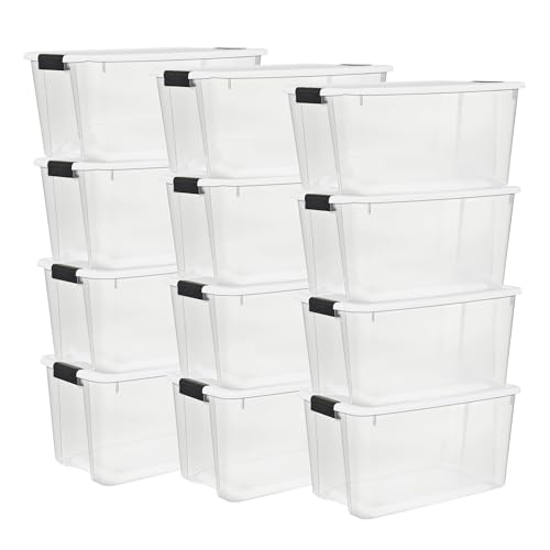 Sterilite 12-Pack Ultra Latching Box, Storage Bins with Lids, Clear Plastic, 70 Quart - Heavy-Duty Organizing Containers for Closet, Bathroom, and Office