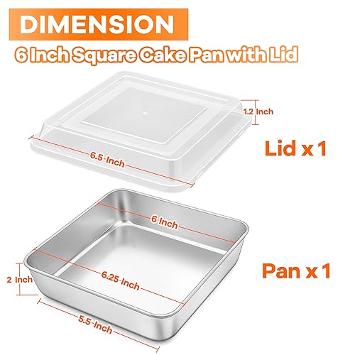Image of TeamFar 6 x 6 Inch Square Cake Pan, Stainless Steel Square Baking Pan with Lid for Brownie Lasagna, Non-Toxic & Heavy Duty, One-Piece & Smooth, Dishwasher Safe & Easy Clean (1 Pan + 1 Lid)