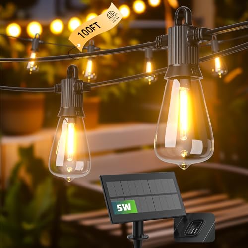 Kawaya Solar-Powered Outdoor String Lights: 100 FT LED Outside Patio Lights with USB-Charging - IP65 Waterproof Hanging Lights - 50+2 Shatterproof Edison Bulbs for Bistro Cafe Camp Yard Porc