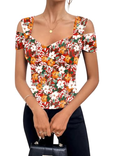 Image of Blingfit Tops for Women's V Neck Tunic Top Cold Shoulder T-Shirt Short Sleeve Casual Tee Blouse for Leggings Pluse Size XLarge, Red Background Print