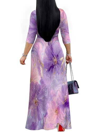 Image of SUZONANA Plus Size Dresses for Women Floral Print Maxi Dress Flowy 3 /4 Sleeve with Belt