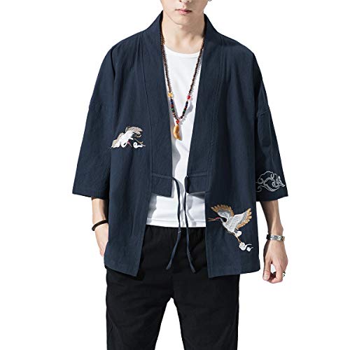 Image of PRIJOUHE Men's Kimono Jackets Cardigan Lightweight Casual Cotton Blends Linen Seven Sleeves Open Front Coat Outwear