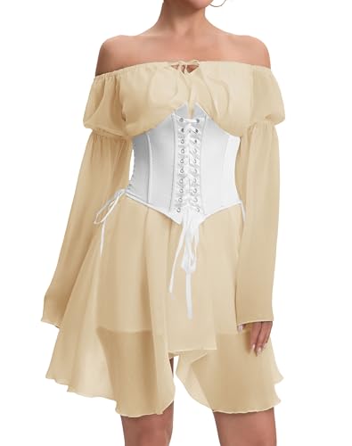 Image of Womens Corset Dress Off Shoulder Bell Sleeve Casual Party Pirate Fairy Dress Set