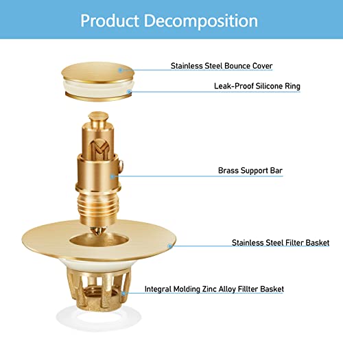 Image of Gold Bathroom Sink Stopper - Pop Up Drain Stopper & Strainer, 2-in-1 Universal Sink Stopper, Compatible with 1.1 inch to 1.5 inch Bathroom Sink Drain Pipes, Gold Matte Brushed Finish