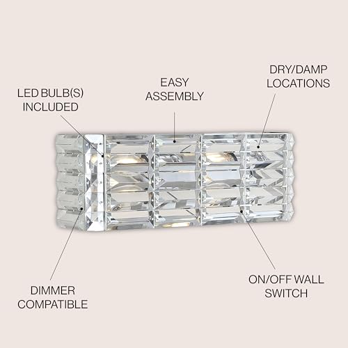 Image of JONATHAN Y 17.5 inch Chrome Modern Crystal Vanity Light, LED Bathroom Wall Sconce, 2-Light Fixture for Mirror, Glam Lighting with Clear Crystal Shade, Art Deco Makeup Wall Lamp (JYL7539A)