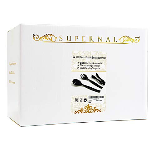 72Pcs Plastic Serving Utensils Heavy Duty Disposable Serving Tongs Black Disposable Serving Set 10" Spoons 10" Forks 6" Tongs Each 24Pcs Supernal #TOP6