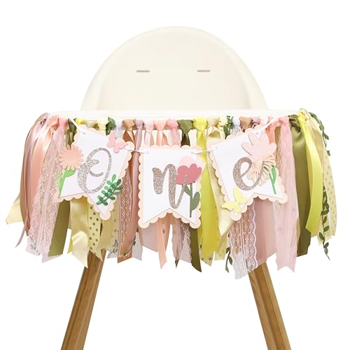 Wildflowers One High Chair Banner - Spring 1st Birthday Party Decorations,Floral Cake Smash Photo Props,Little Butterfly First Birthday Highchair Flg,Flower Leaf Colorful Ribbon Garland