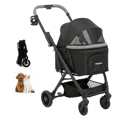 Image of Babyboat Portable Dog Stroller for Small Dogs Cats Up to 35 Lbs - Black | One Hand Folding Compact Travel Pet Stroller with Convertible Canopy, Storage Basket, Cup Holder