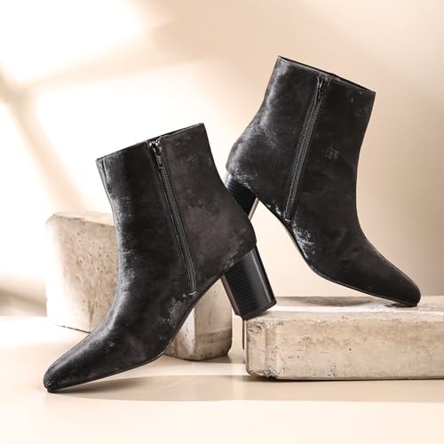 Image of YOHO Midnight Velvet Ankle Length Heeled Boots For Women | Comfortable and Stylish with Low Block Heel | Casual,Formal Wear for Winter BOOT 108