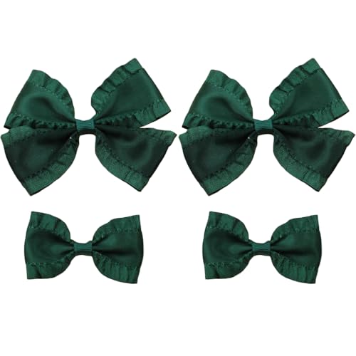4Pcs Silky Hair Bow Clips - 3.9' and 2.7' Pink Cute Ruffle Satin Lettuce Edge Bow-Knot Alligator Hairpins Ponytail Holder Accessories Gift for Women Girls (Green)