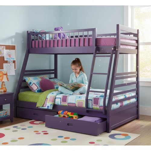 Image of APRODZ Solid Wood Elvira Dark Lilac Purple Twin Over Bunk Bed with Storage