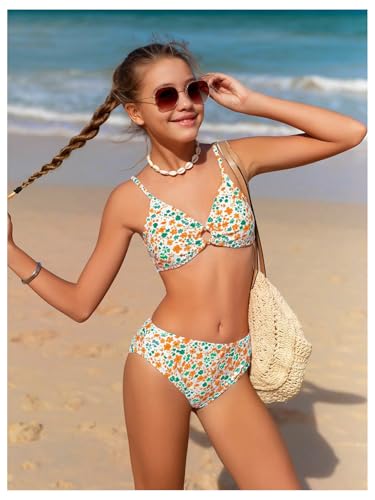Image of OYOANGLE Girl's 3 Piece Bikini Sets Floral Print Spaghetti Straps Cute Swimsuits with Beach Skirt Bathing Suits