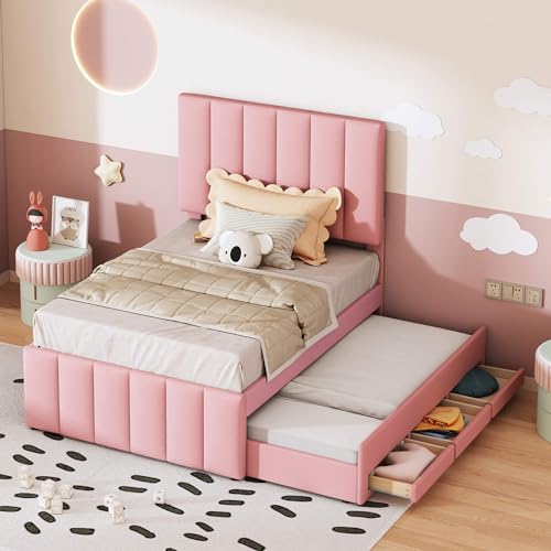 HYUB Cama tapizada 90 x 200 cm con cajones de almacenamiento y somier, cama individual para niños con respaldo y cama desplegable, cama de casa para niños y niñas, sin colchón, Rosa