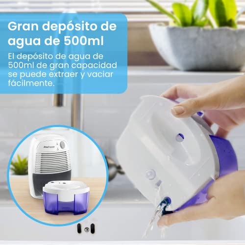 Pro Breeze Mini Deshumidificador 500ml Eléctrico con Tecnología Peltier, Silencioso, Apagado automático, Portátil con Depósito Extraíble. Absorbe la Humedad de Habitaciones y Baños Pequeños