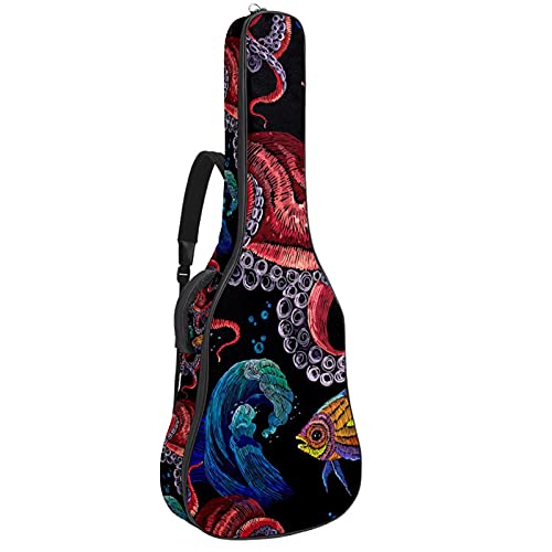 Sac à dos pour guitare classique broderie océan et pieuvre noire de 106 cm