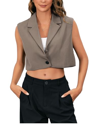 MakeMeChic Women's Old Money Crop Suit Vest Sleeveless Tops Lapel Button Front Waistcoat Vests