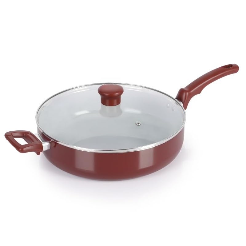 Red 5 Quarts Ceramic Non-Stick Jumbo Cooker Sauté Pan with Lid & Helper Handle