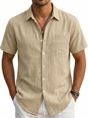 Muwodkdn Chemise Lin Homme Été à Manches Courtes Chemisette Homme Casual Leger Boutonnée Couleur Unie Chemisier Décontractée avec Poche Poitrine Chemises...