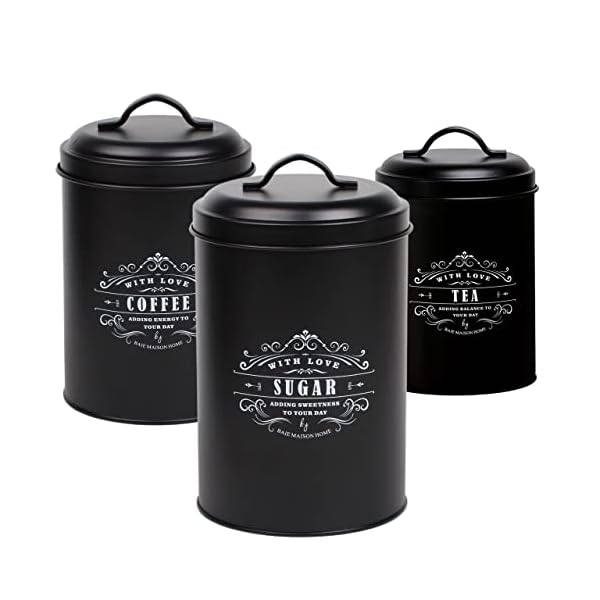 Baie Maison Large Black Kitchen Canisters Set of 3 - Farmhouse Canister Sets for Kitchen Counter - Coffee Tea Sugar Container Set - Rustic Kitchen Canisters for Countertop - Metal Kitchen Decor Jars