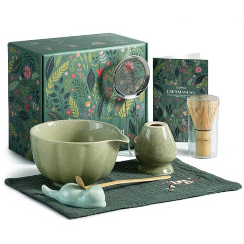 Domaci Matcha Whisk Set, 7 Pcs Japanese Matcha Kit Includes Matcha Bowl with Spout, Bamboo Whisk, Chasen Holder, Stainless Sifter, Scoop and Rest, Tea Towel, Matcha Tea Set Gift for Family/Friend