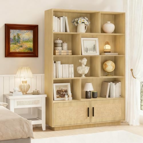 IDEALHOUSE Bookshelf, 5 Tier Boho Bookcase with Rattan Doors, Tall Wooden Bookcase with Open Display Shelves, Large Bookshelf for Living Room Bedroom Home Office Kitchen, Light Wood