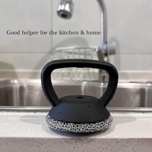 Image of MEIXINZHI Cast Iron Cleaner, Chain Mail Scrubber & Pan Grill Scrapers - 2 in 1 Cast Iron Skillet Cleaner (Black, Without mat)