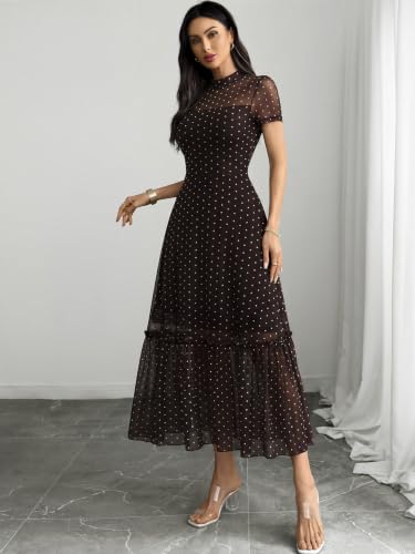 Image of GothDark Women's Summer Floral Mesh Ruffle Dress Short Sleeve Round Neck Waist Cinched Casual Maxi Wedding Guest Dresses