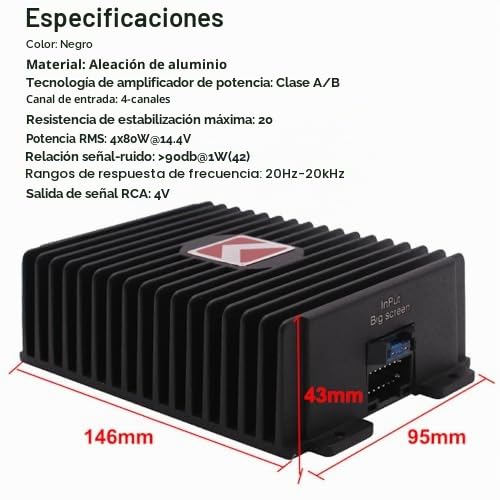 Amplificador para Automóvil de 4 Canales, Amplificador de Potencia 80Wx4 con Transformador de Cobre Puro para Audio Mejorado, Conexión Plug and Play, Compatible con la Mayoría
