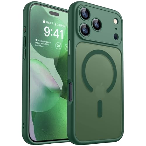 CANSHN iPhone 17 Pro Max 用 ケース Magsafe対応 カメラ周辺保護 ワイヤレス充電 あいふおん 17 Pro Max 用 ケース 耐衝撃 エアガードコーナー 傷つき防止 指紋防止 リング マグネット搭載 半透明マット仕上げ アイフォン 17 Pro Max 用 カバー- ディープグリーン