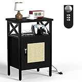 runjuly Rattan Nightstand with Lock, End Table with Charging Station, Side Table with Door and Open Shelf, Modern Wooden Bedside Table for Bedroom, Living Room, Dorm, Black