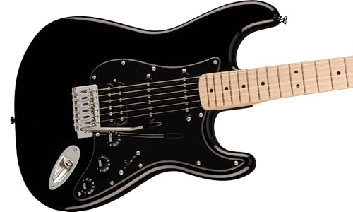 Image of Fender Squier Sonic Stratocaster HSS - Black Bundle with Fender Mustang Micro Headphone Amplifier, Strap, Cable, Picks, and Austin Bazaar Instructional DVD