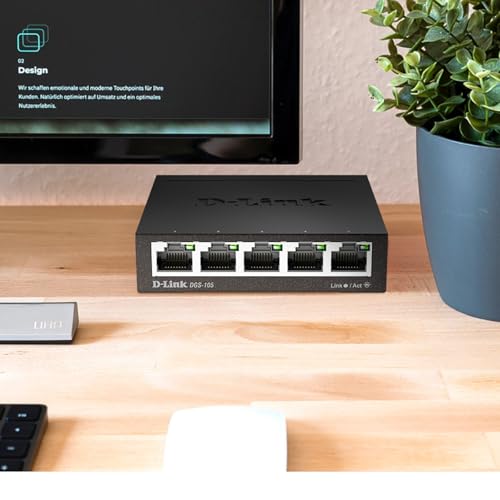 Image of D-Link DGS-105, 5 Port Gigabit Ethernet Switch Unmanaged, Network Splitter, Silent Fanless, Network Hub, Sturdy Metal with Shielded Ports, Desktop /Wall Mount, QoS, Energy Saving, Plug and Play