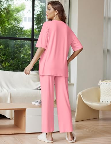 Image of Ekouaer Lounge Sets for Women Short Sleeve Tops and Long Pants Soft Comfy Pajamas Set 2 Piece Outfits
