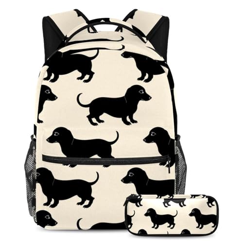 Sac à dos teckels noirs avec trousse scolaire pour garçon et fille