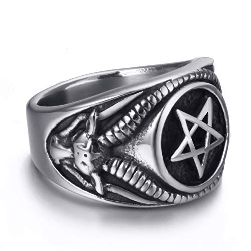 Elfasio Men Stainless Steel Rings Pentagram Satan Baphomet Goat Devil Vintage Jewelry Size 8 #TOP2