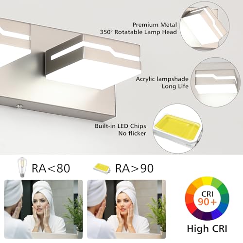 Image of LED Modern Bathroom Vanity Light Fixtures 3-Light, 19 inch Dimmable Nickel Vanity Lights for Bathroom Lighting Fixtures Over Mirror, with 350Rotatable Acrylic Heads(White Light 5500K)