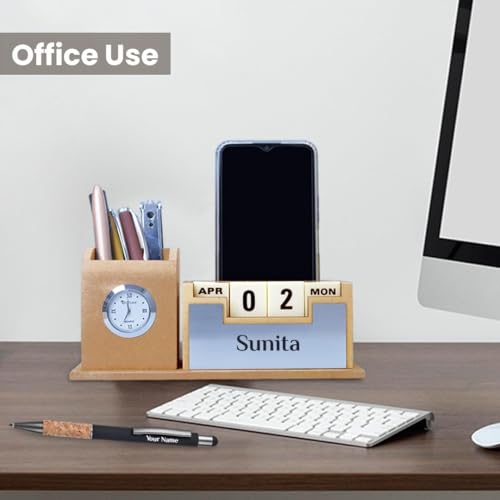 Image of Giftana 2 in 1 Personalized Desk Table Organizer with Pen Gift Set for Doctors, Customized Pen Stand Table Clock & Calendar, Customised New Year Corporate Gift Set for Employee (Beige,Silver)
