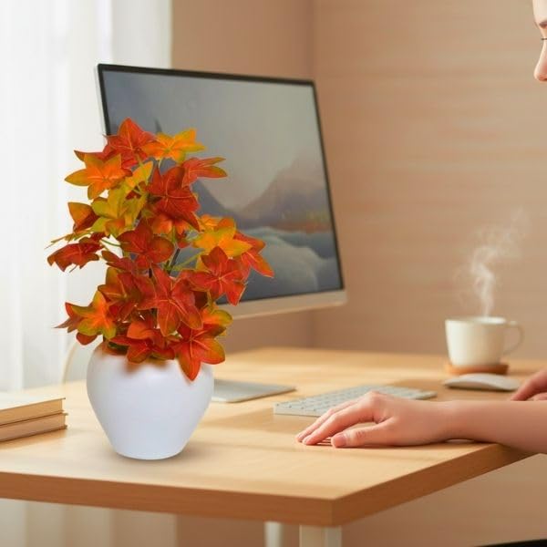 Image of fancymart Artificial Plant Leaves in Apple Pot (30 cm Height) | Small Potted Plant for Office Desk | Home Decor for Living Room | Cafe & Restaurant Table Decoration