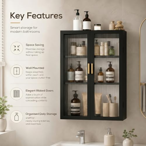 Image of Bathroom Storage Cabinet | Bathroom Accessories Set, Washroom Organiser Cabinet | 3 Layer, Space Saving Carbon Steel Shelf, Black, 40 Cm, Pack of 1