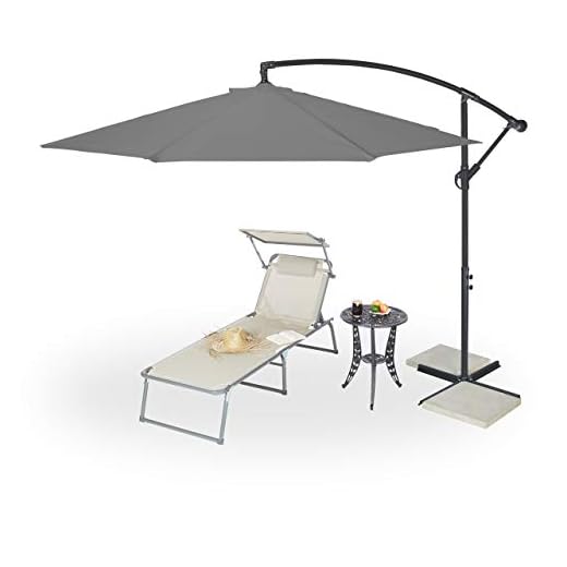 Relaxdays Sombrilla Lateral Terraza, Manivela, ∅ 300 cm, con Funda, Rotatoria, Parasol Excéntrico, XXL, con Pie, Gris