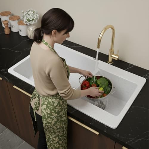 Image of EVANEX Quartz Kitchen Sink|Double Bowl Sink for Kitchen|Topmount /Undermount Kitchen Sinks|Sand-Pluto Double Sink with Connector, Waste Pipe, Coupling and Drain Basket|34x20x9 Granite Kitchen Sinks