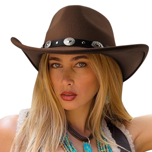 Image of DRESHOW Women Men Classic Felt Wide Brim Western Cowboy & Cowgirl Cap Belt Buckle Retro Panama Hat Unisex Rolled up Caps