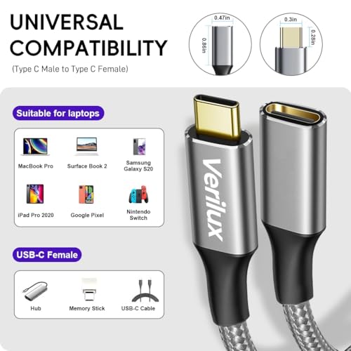 Image of Verilux PD 100W Type C Extension Cable, 0.5M USB C Male to Female Extension Cable Support 10Gbps Data Transfer, 4K@60Hz HD Video Output Compatible with iPhone 17 /16 /15, iPad Pro, MacBook Pro, Dell