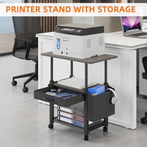 Image of YAOHUOO 22 inchx15 inch Large Printer Stand with Drawer, 3-Tier Rolling Table Cart | Storage Drawer and Side Bag,Height Adjustable Cart,Fit printer /fax /3d /scanner,4 lock wheels or feet,Gray