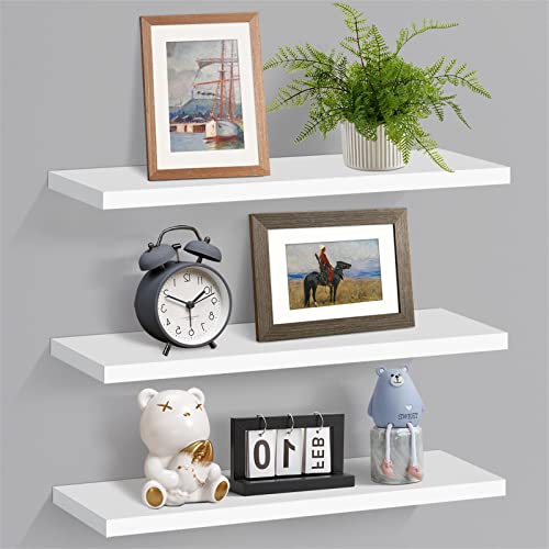 KOROI White Floating Shelves for Wall Set of 3 Wooden Wall Mounted Shelves Modern Decorative Display White Floating Wall Shelf for Living Room Bedroom Bathroom Kitchen Home Office Laundry room